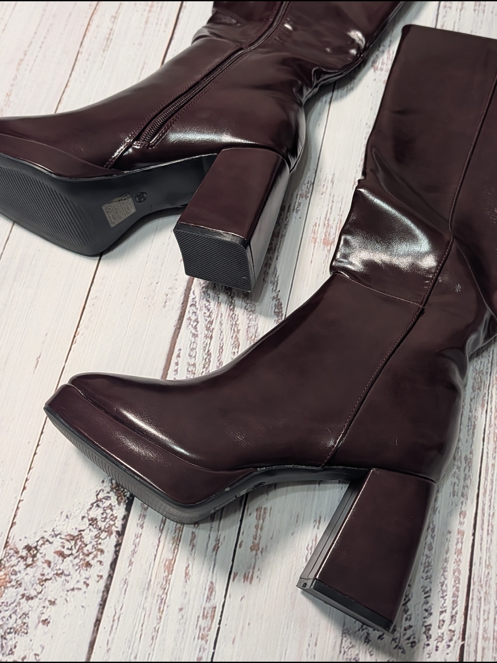 Burgundy Faux Leather Knee High Platform Boots Chunky 3.5" Block Heel Size 7 - Picture 2 of 12